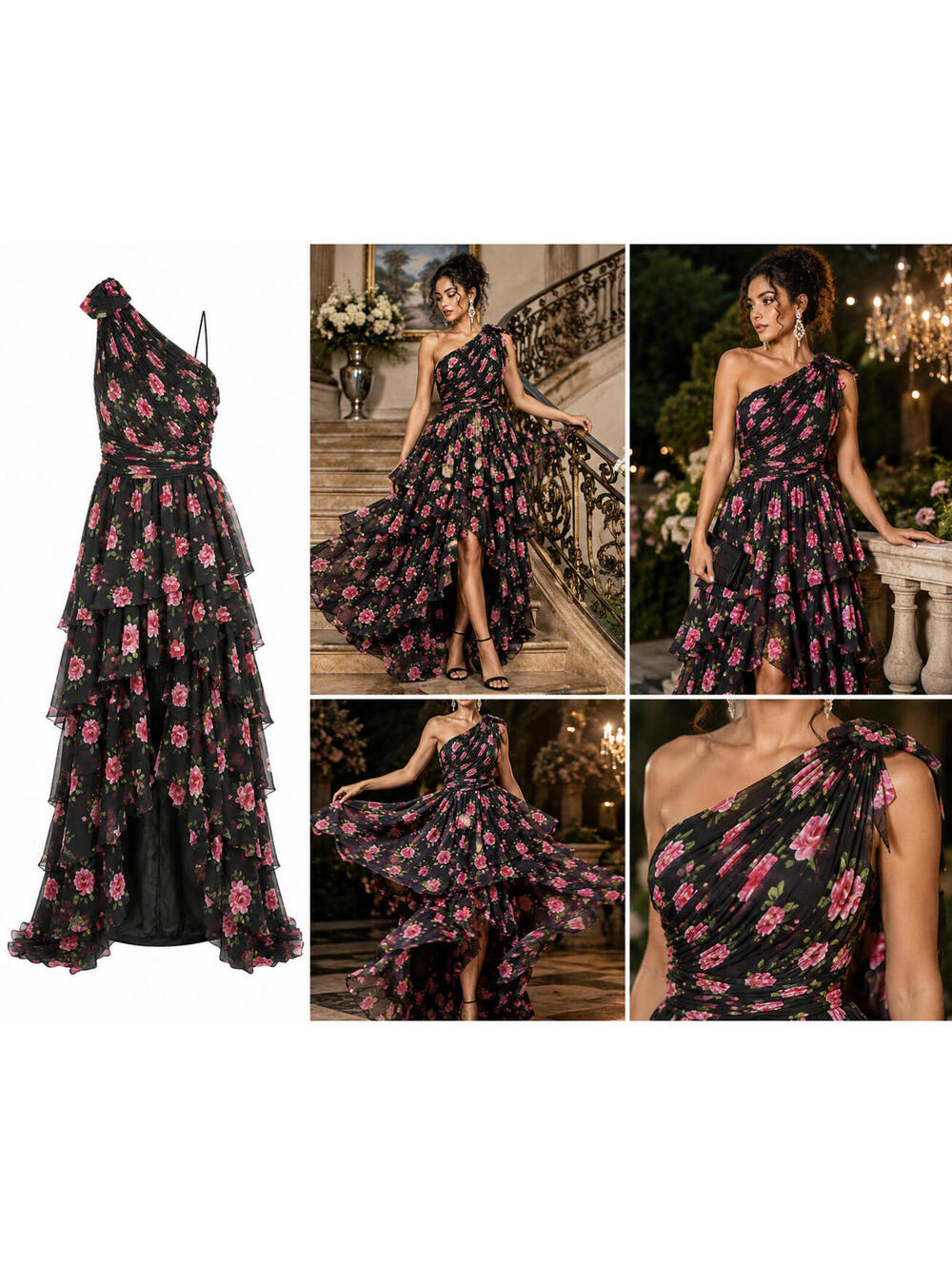 Mac Duggal One Shoulder Floral Ruffle Gown Black Pink Size 2 NWT Chiffon